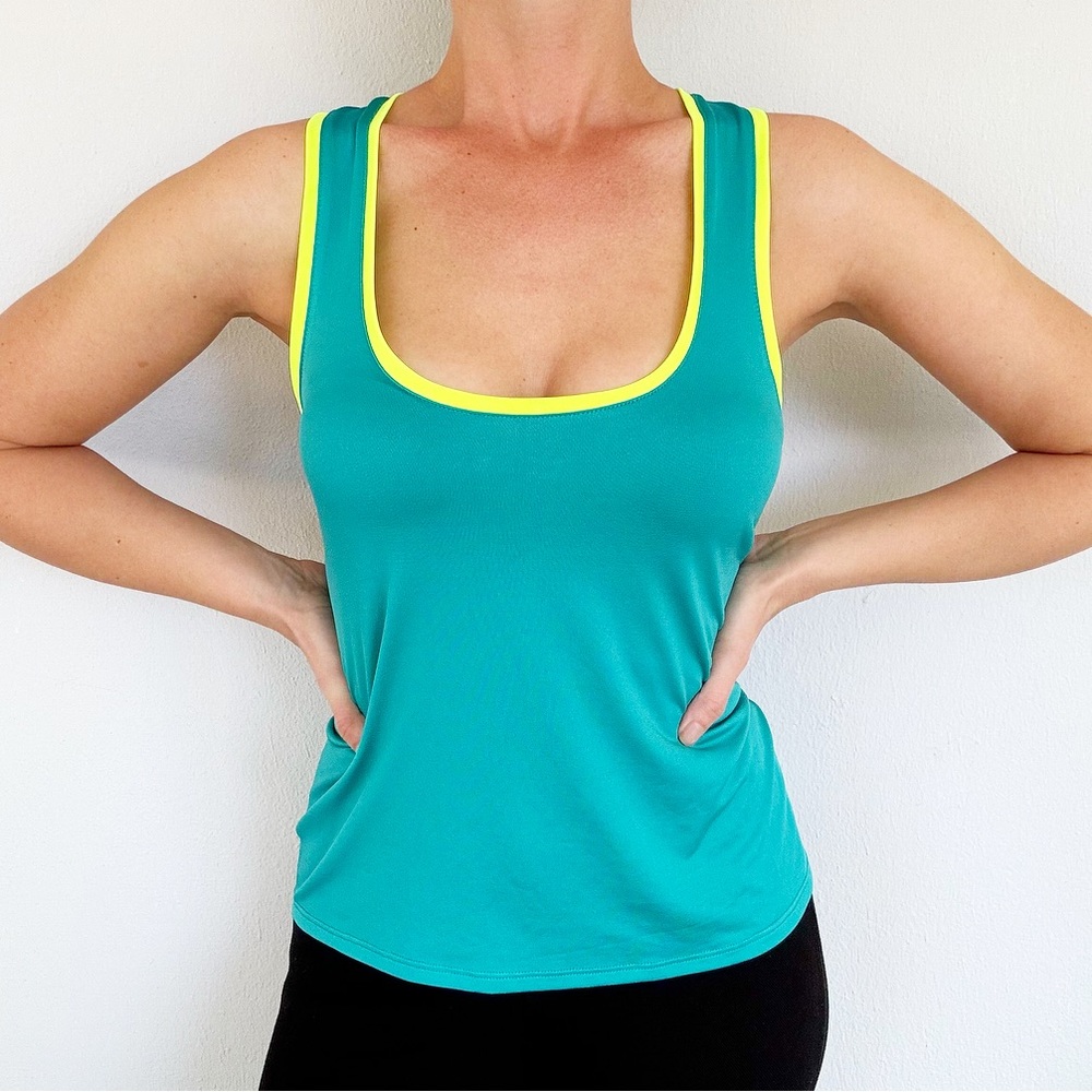 So teal neon high low sleeveless loose fit racerback workout tank size large